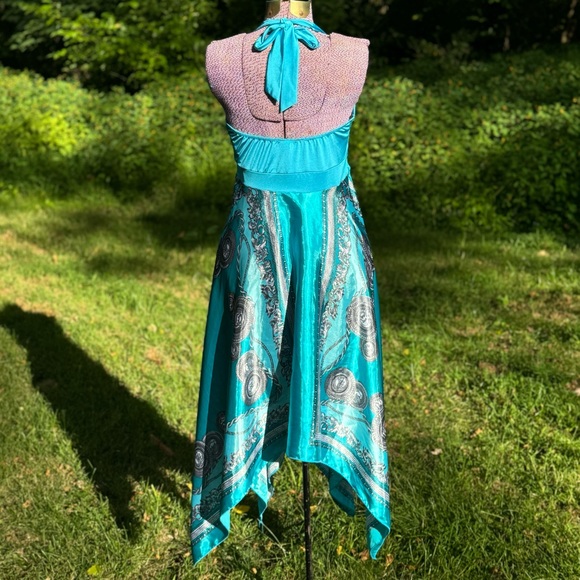Y2K Boho Fairy Handkerchief Hem silky patterned halter dress Sz L - Picture 5 of 12